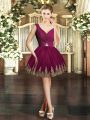 Cheap Burgundy Ball Gowns V-neck Sleeveless Tulle Mini Length Backless Embroidery Prom Party Dress