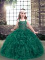 Affordable Dark Green Ball Gowns Organza Straps Sleeveless Beading and Ruffles Floor Length Lace Up Little Girls Pageant Dress