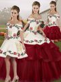 Low Price Wine Red Tulle Lace Up Sweet 16 Quinceanera Dress Sleeveless Brush Train Embroidery and Ruffled Layers