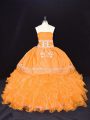 Trendy Floor Length Lace Up 15th Birthday Dress Gold for Sweet 16 and Quinceanera with Embroidery and Ruffles