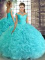 Aqua Blue Ball Gowns Fabric With Rolling Flowers Off The Shoulder Sleeveless Beading Floor Length Lace Up Quince Ball Gowns