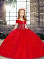 Straps Sleeveless Little Girl Pageant Gowns Floor Length Beading Red Tulle