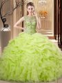 Fine Sleeveless Organza Floor Length Lace Up Sweet 16 Dresses in Yellow Green with Beading and Ruffles and Pick Ups