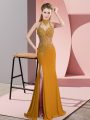 Lace and Appliques Prom Gown Gold Backless Sleeveless Floor Length