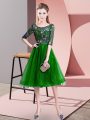Comfortable Green Empire Tulle Scoop Half Sleeves Embroidery Knee Length Lace Up Wedding Guest Dresses
