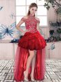Latest Red Organza Lace Up Halter Top Sleeveless High Low Prom Party Dress Beading and Ruffled Layers