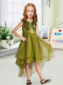 Sequins and Bowknot Toddler Flower Girl Dress Olive Green Zipper Sleeveless High Low