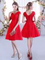 Custom Design Red V-neck Lace Up Lace Bridesmaid Gown Cap Sleeves