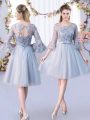 Sexy Scoop 3 4 Length Sleeve Dama Dress for Quinceanera Knee Length Lace and Belt Grey Tulle