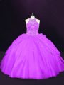 Custom Design Purple Tulle Lace Up Halter Top Sleeveless Quinceanera Dress Beading