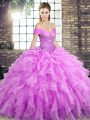 Enchanting Beading and Ruffles Quinceanera Gown Lilac Lace Up Sleeveless Brush Train