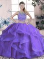 Captivating Two Pieces 15th Birthday Dress Purple Scoop Tulle Sleeveless Floor Length Lace Up