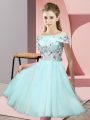 Fantastic Short Sleeves Knee Length Appliques Lace Up Dama Dress for Quinceanera with Apple Green