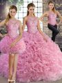 Sleeveless Floor Length Beading Lace Up 15 Quinceanera Dress with Rose Pink