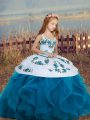 Blue Lace Up Straps Embroidery and Ruffles Little Girls Pageant Dress Sleeveless