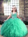 Turquoise Sleeveless Beading and Ruffles Floor Length Pageant Dress for Womens