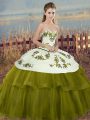 Floor Length Olive Green Quince Ball Gowns Tulle Sleeveless Embroidery and Bowknot
