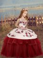 Floor Length Lace Up Child Pageant Dress Red for Party and Wedding Party with Embroidery