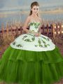 Green Quinceanera Gown Military Ball and Sweet 16 and Quinceanera with Embroidery and Bowknot Sweetheart Sleeveless Lace Up