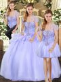 Lavender Three Pieces Organza Strapless Sleeveless Beading and Appliques Floor Length Lace Up Quinceanera Gowns