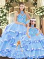 Deluxe Blue Sleeveless Embroidery and Ruffled Layers Lace Up Quinceanera Gowns