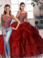 Superior Wine Red Zipper Scoop Beading and Pick Ups Sweet 16 Quinceanera Dress Organza Sleeveless Brush Train