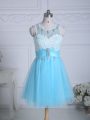 Mini Length Aqua Blue Club Wear Organza Sleeveless Lace and Appliques