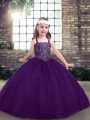 Eye-catching Eggplant Purple Ball Gowns Tulle Straps Sleeveless Beading Floor Length Lace Up Child Pageant Dress