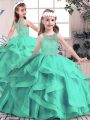 Aqua Blue Tulle Lace Up Scoop Sleeveless Floor Length Pageant Dress for Womens Beading and Ruffles