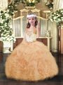 Organza Straps Sleeveless Lace Up Beading and Ruffles and Pick Ups Little Girl Pageant Gowns in Peach