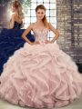Most Popular Pink Tulle Lace Up Quince Ball Gowns Sleeveless Floor Length Beading and Ruffles