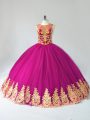 Charming Sleeveless Floor Length Beading and Appliques Lace Up 15th Birthday Dress with Fuchsia