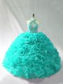 Edgy Brush Train Ball Gowns Quince Ball Gowns Aqua Blue Halter Top Organza Sleeveless Lace Up