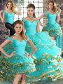 Tulle Off The Shoulder Sleeveless Lace Up Beading and Ruffled Layers Sweet 16 Dress in Aqua Blue