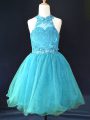 Sleeveless Mini Length Beading and Lace Lace Up Little Girl Pageant Gowns with Aqua Blue
