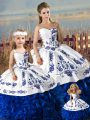 Blue And White Quince Ball Gowns Sweet 16 and Quinceanera with Embroidery and Ruffles Sweetheart Sleeveless Lace Up