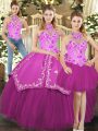 Vintage Fuchsia Three Pieces Embroidery Quinceanera Dresses Lace Up Satin and Tulle Sleeveless Floor Length