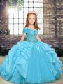 Cheap Floor Length Aqua Blue Little Girl Pageant Gowns Straps Sleeveless Lace Up