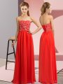 Sleeveless Chiffon Floor Length Lace Up Formal Evening Gowns in Red with Beading