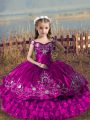 Fuchsia Sleeveless Floor Length Embroidery and Ruffled Layers Lace Up Girls Pageant Dresses