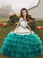 Teal Lace Up Pageant Dress for Girls Embroidery and Ruffled Layers Sleeveless Floor Length