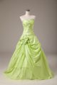 Dramatic Floor Length Yellow Green Sweet 16 Dresses Organza Sleeveless Beading and Hand Made Flower