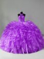 Enchanting Halter Top Sleeveless Brush Train Zipper Vestidos de Quinceanera Purple Organza