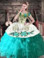 Ideal Aqua Blue Ball Gowns Off The Shoulder Sleeveless Organza Floor Length Lace Up Embroidery Ball Gown Prom Dress
