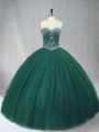 Ideal Dark Green Ball Gowns Sweetheart Sleeveless Tulle Floor Length Lace Up Beading Sweet 16 Dresses