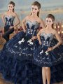 Navy Blue Three Pieces Organza Sweetheart Sleeveless Embroidery and Ruffles Floor Length Lace Up Quinceanera Gown