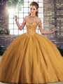 Chic Brown Lace Up Quinceanera Gown Beading Sleeveless Brush Train