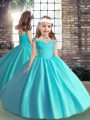 Straps Sleeveless Pageant Dress for Girls Floor Length Beading and Ruching Baby Blue Tulle