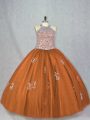 Brown Sleeveless Floor Length Beading and Appliques Lace Up Vestidos de Quinceanera