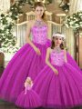 Flare Fuchsia Halter Top Neckline Beading Quince Ball Gowns Sleeveless Lace Up